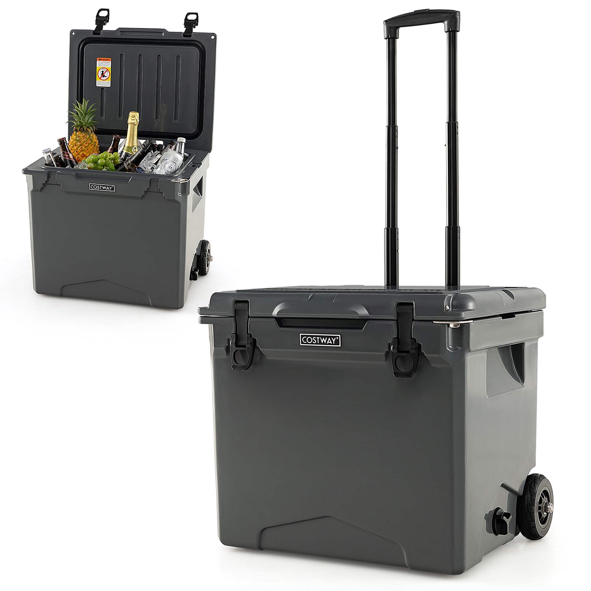 Costway - 42 Qt Portable Cooler Roto Molded Ice Chest Insulated 5-7 Days with wheels Handle - Charcoal
