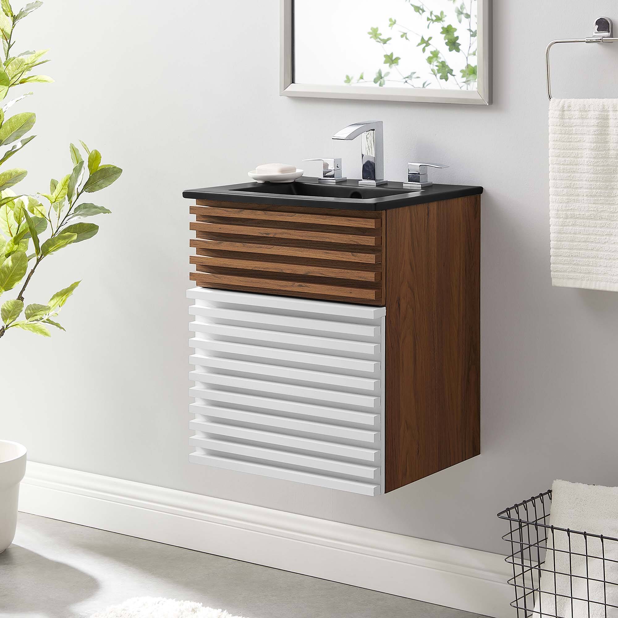 Front. Modway - Render Wall-Mount Bathroom Vanity with Black Basin Included - White Walnut Black.
