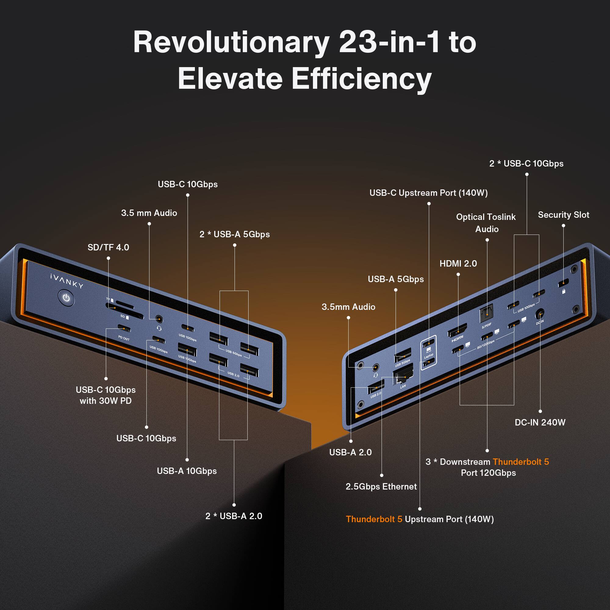 Revolutionary 23-in-1 to Elevate Efficiency

- USB-C 10Gbps
- 3.5 mm Audio
- SD/TF 4.0
- 2 x USB-A 5Gbps
- USB-C Upstream Port (140W)
- Optical Toslink Audio
- Security Slot
- HDMI 2.0
- 3.5mm Audio
- USB-C 10Gbps with 30W PD
- USB-C 10Gbps
- USB-A 10Gbps
- 2 x USB-A 2.0
- 2 x USB-C 10Gbps
- 2 x USB-A 5Gbps
- 3 x Downstream Thunderbolt 5 Port 120Gbps
- 2.5Gbps Ethernet
- Thunderbolt 5 Upstream Port (140W)
- DC-IN 240W