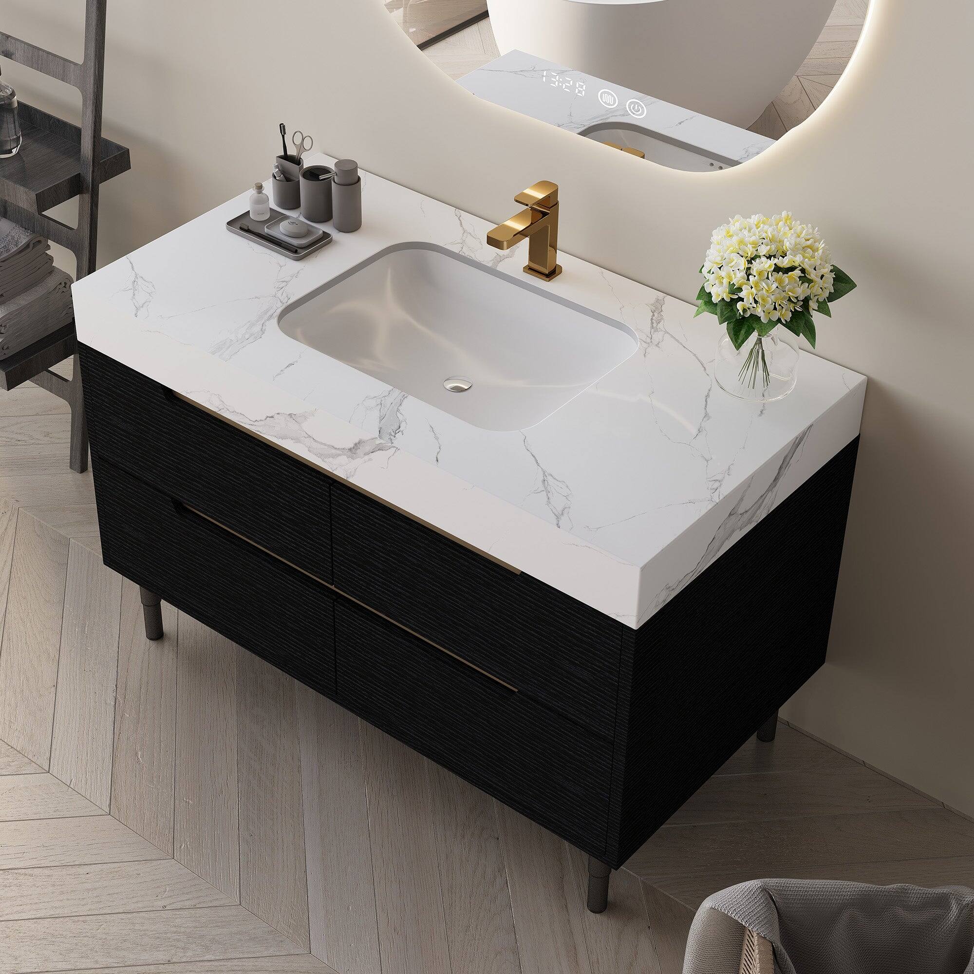Front. Boyel Living - 35.4 In Modern Bathroom Vanity Undermount Sink Sintered Stone Top Solid Wood - Black.