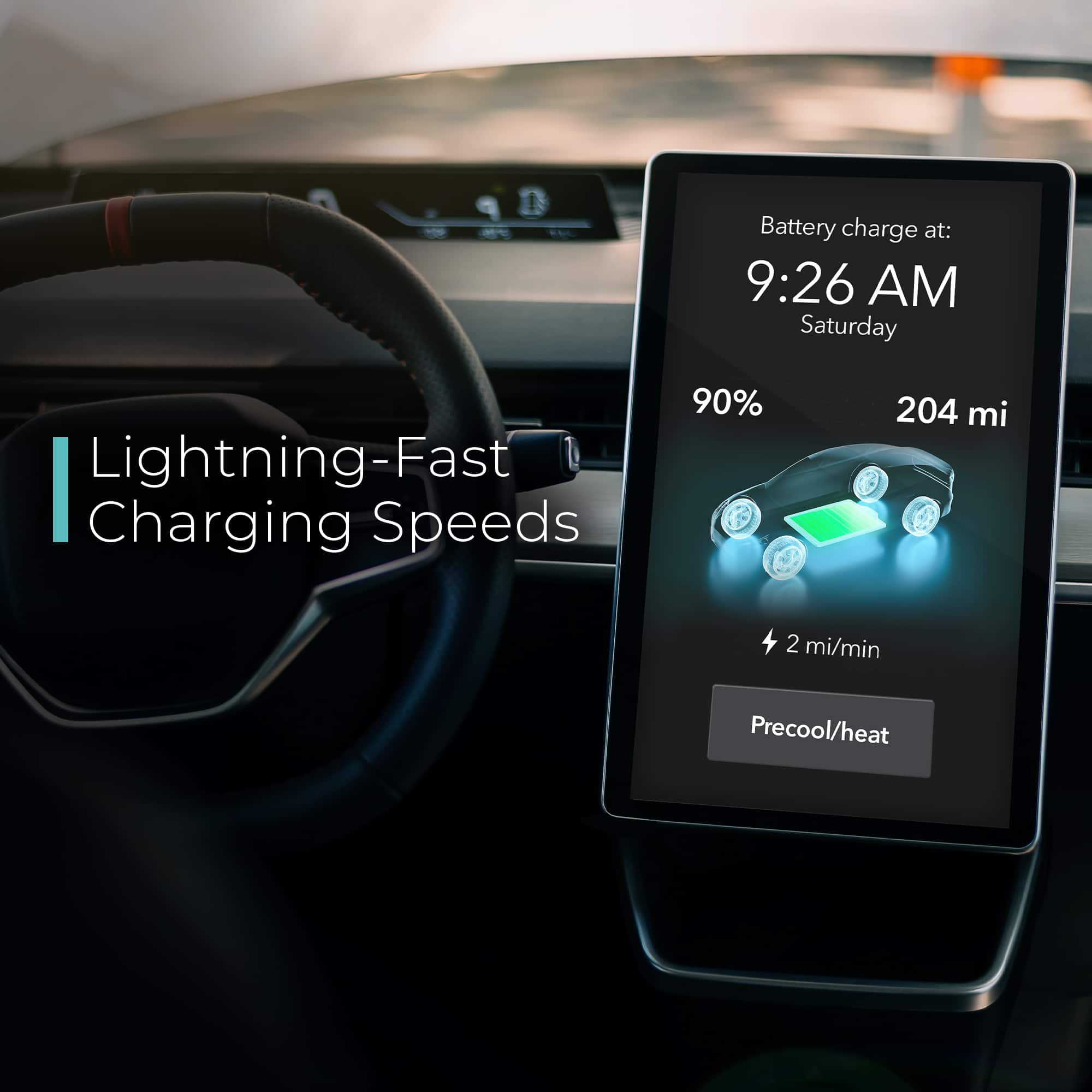 The image shows a car's dashboard with a display showing the battery charge at 9:26 AM on Saturday. The display also indicates that the car is experiencing lightning-fast charging speeds, with the battery at 90% capacity and a range of 204 miles. Additionally, the display shows the option to precool or heat the car.