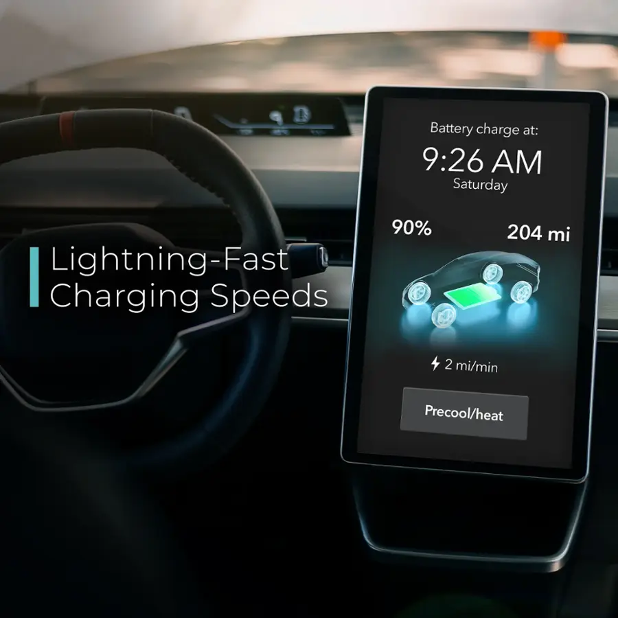 The image shows a car's dashboard with a display showing the battery charge at 9:26 AM on Saturday. The display also indicates that the car is experiencing lightning-fast charging speeds, with the battery at 90% capacity and a range of 204 miles. Additionally, the display shows the option to precool or heat the car.