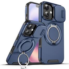 Dteck - Magnetic Ring Stand Case for iPhone 17 with Slide Lens Protection Hard Back Cover - Blue