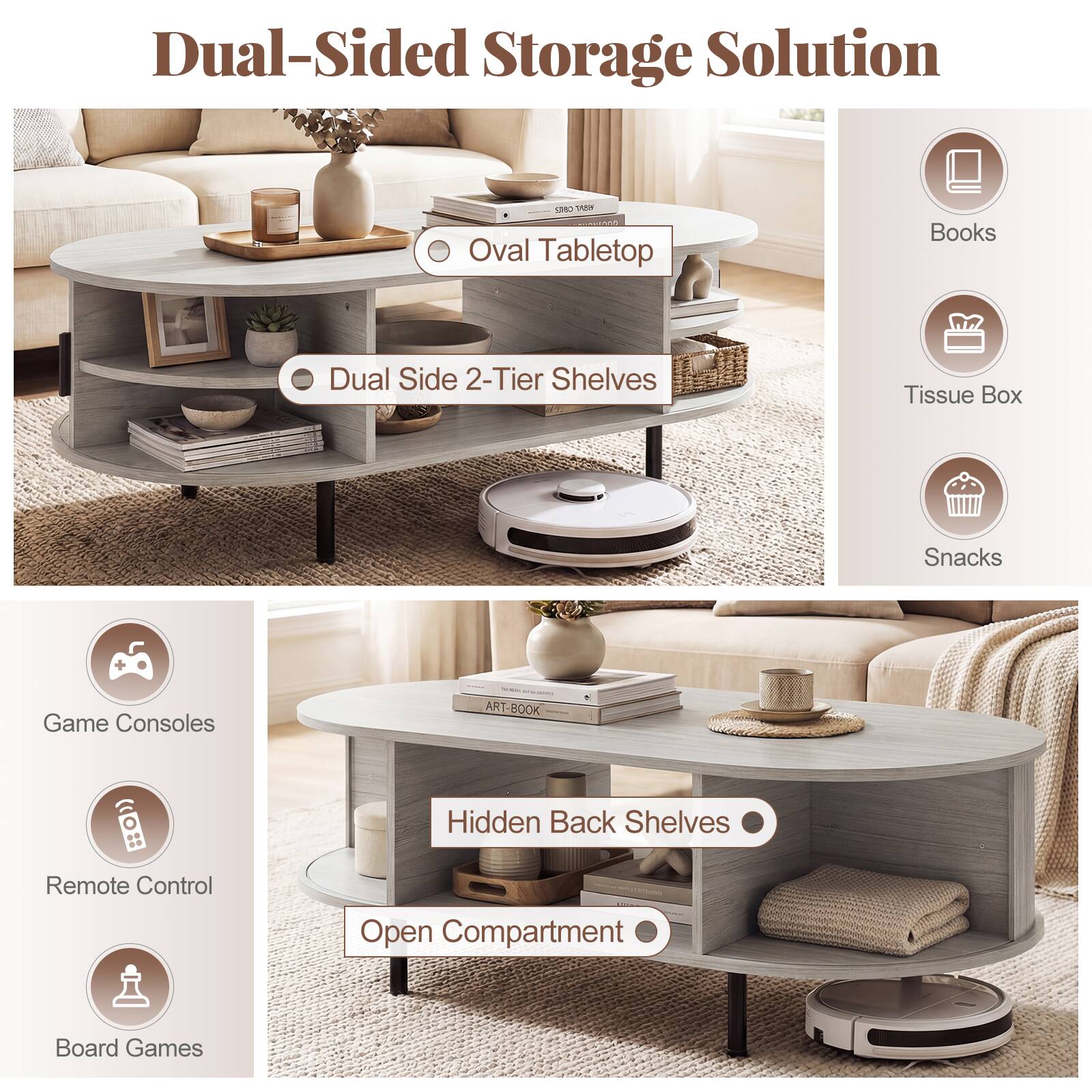 Dual-Sided Storage Solution

- Oval Tabletop
- Dual Side 2-Tier Shelves
- Hidden Back Shelves
- Open Compartment

Books
Tissue Box
Snacks
Game Consoles
Remote Control
Board Games