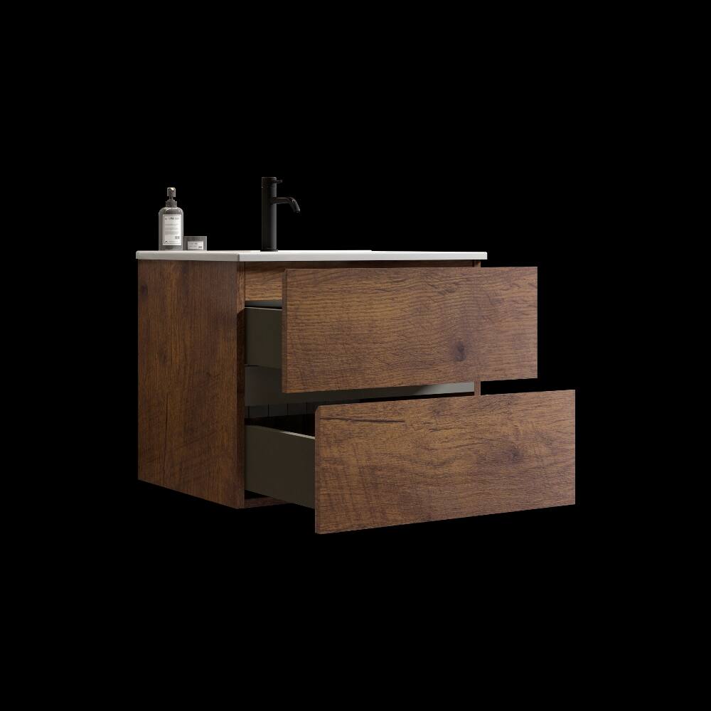 Alt View 2. Loheer - Loheer 24 inch wall mounted bathroom vanity Walnut Floating Cabinet with Ceramic Sink - Walnut.