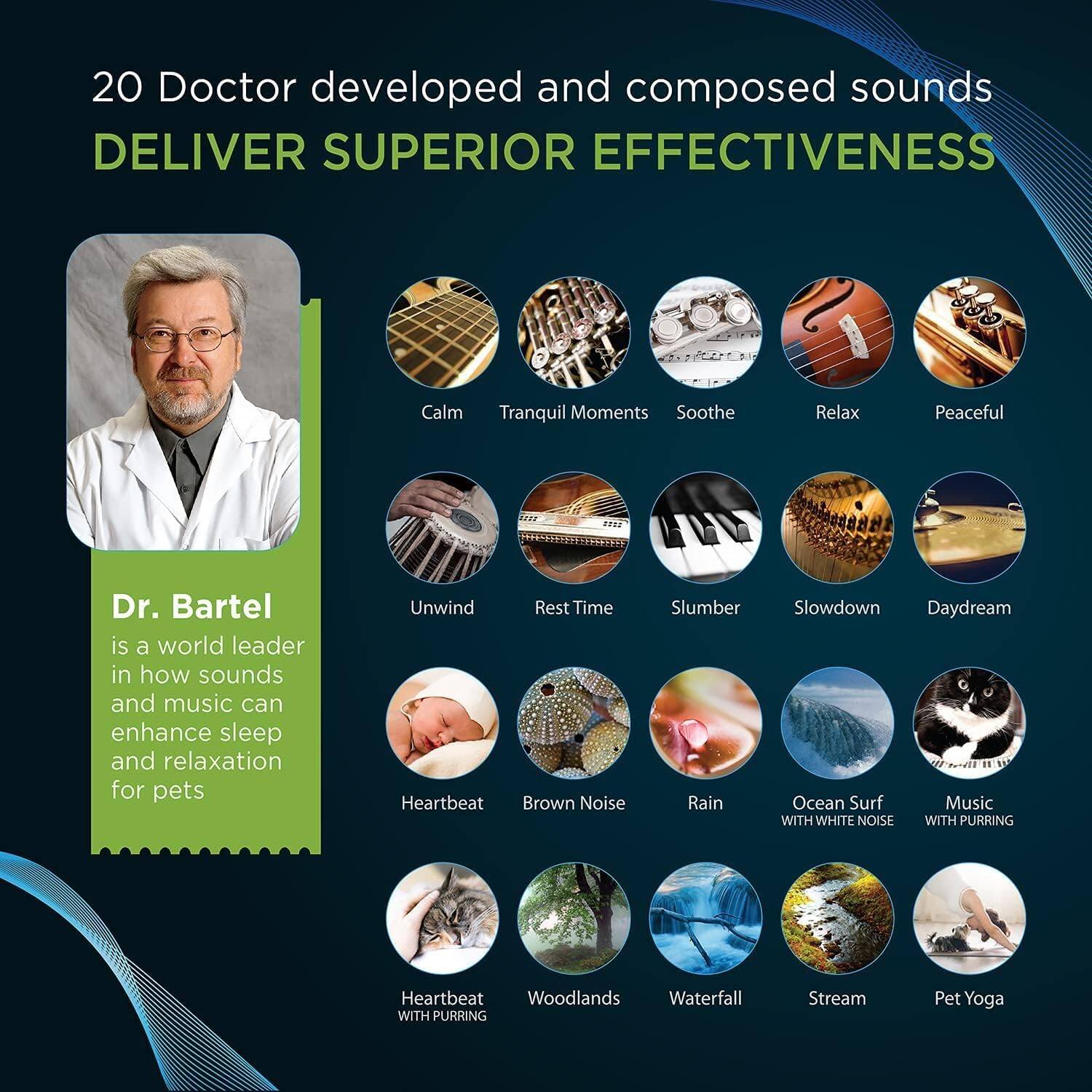 20 Doctor developed and composed sounds DELIVER SUPERIOR EFFECTIVENESS

Calm
Tranquil Moments
Soothe
Relax
Peaceful
Unwind
Rest Time
Slumber
Slowdown
Daydream
Ocean Surf
Music
Heartbeat
Brown Noise
Rain
White Noise
Heartbeat
Woodlands
Waterfall
Stream
Pet Yoga

Dr. Bartel is a world leader in how sounds and music can enhance sleep and relaxation for pets.