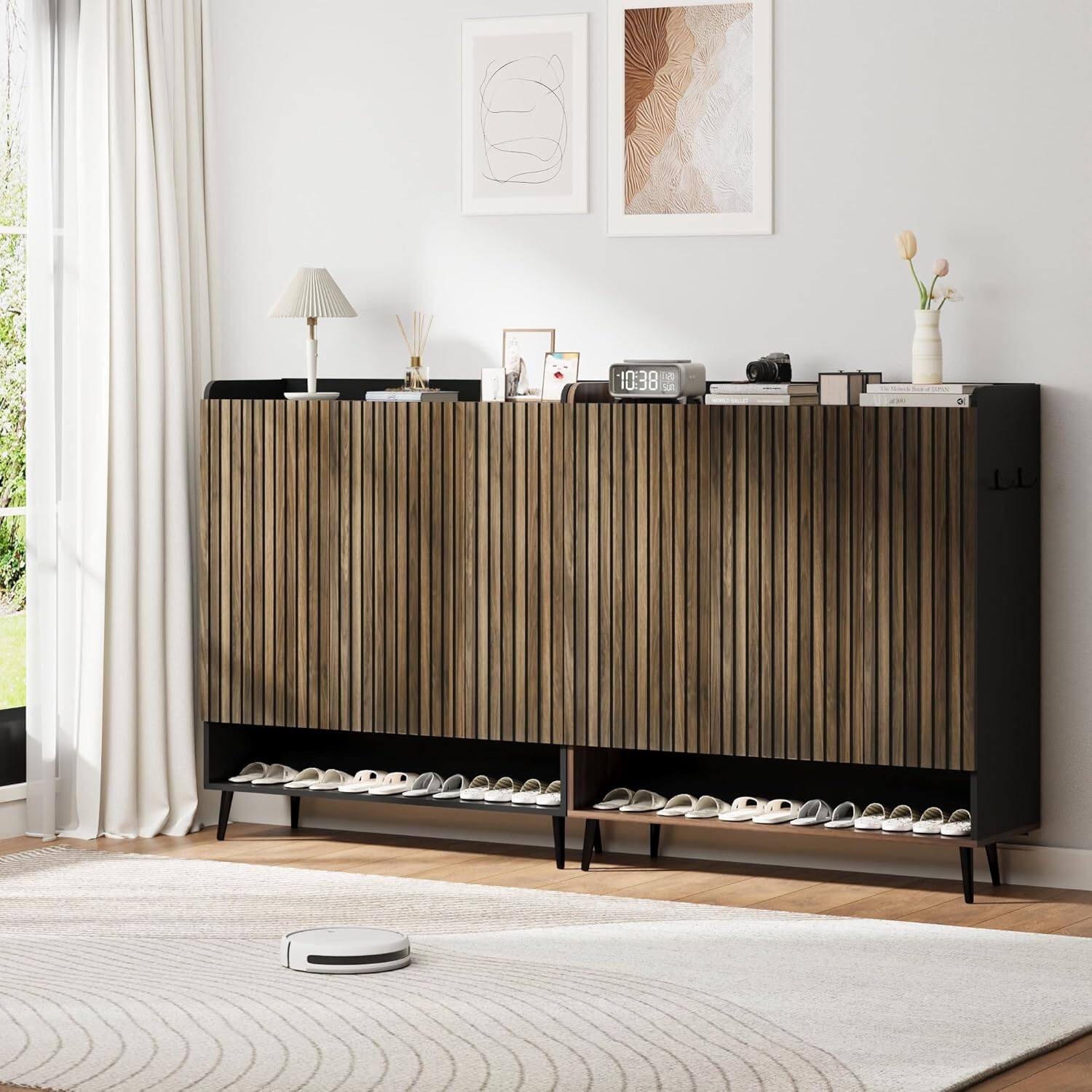 Left. Homhougo - Large Shoe Cabinet with Doors，6-Tier Shoe Organizer with 3 Doors & Additional Hooks for Hallway, Entryway, Living - Black.