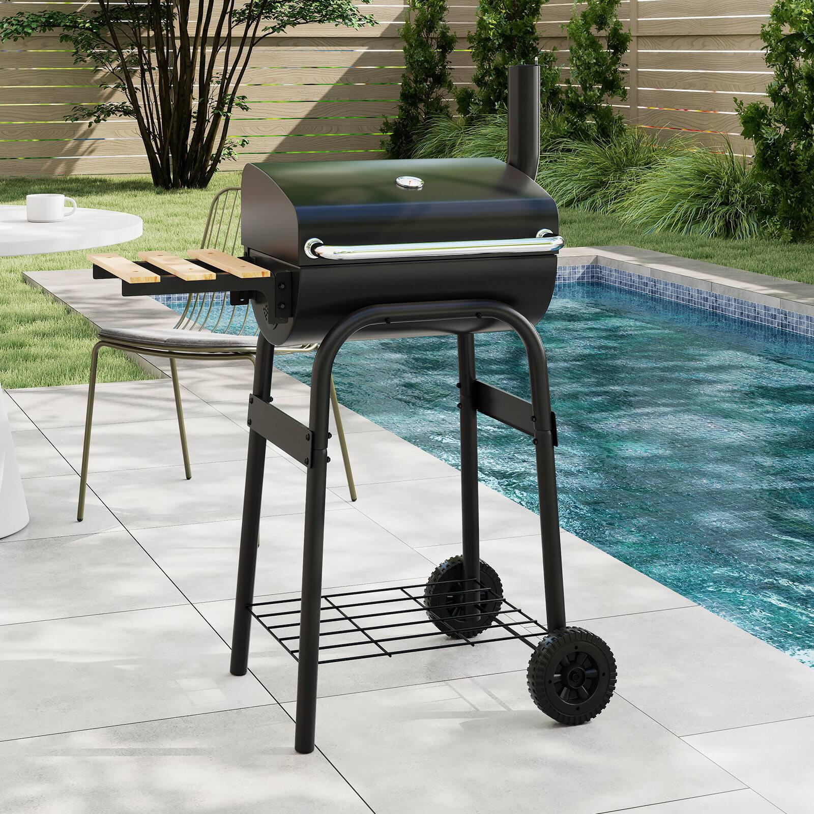 Alt View 3. Gymax - Gymax Barrel Charcoal Grill w/Foldable Side Table Built-in Thermometer & Storage Shelf - Black.