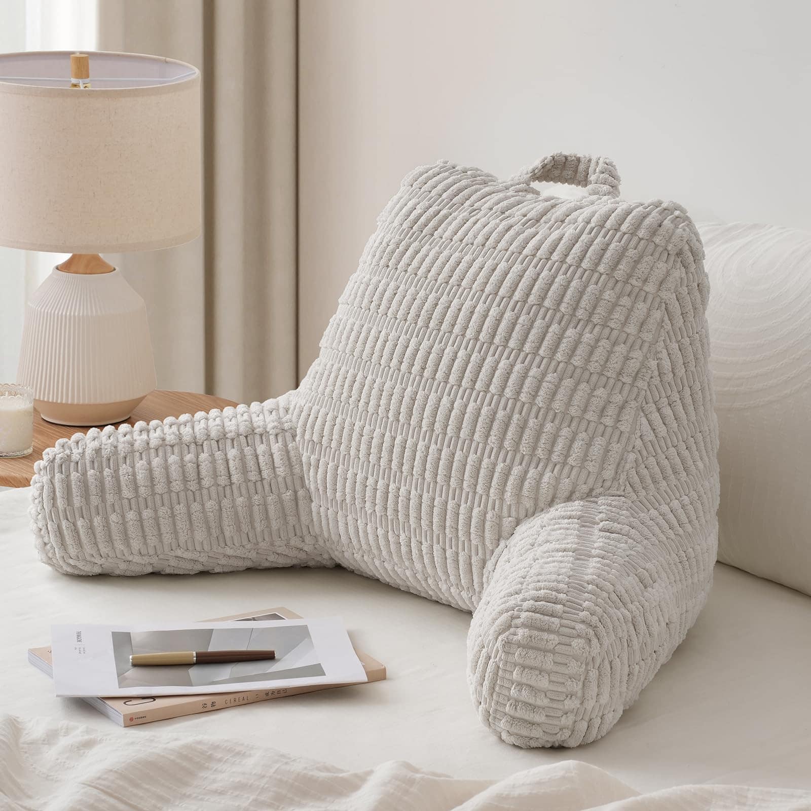 Fabibe - Reading Pillow Backrest With Shredded Memory Foam For Adult & Designed Bed And Couch Sitting Up Includes Arms - Light Gray-Standard(18inch)