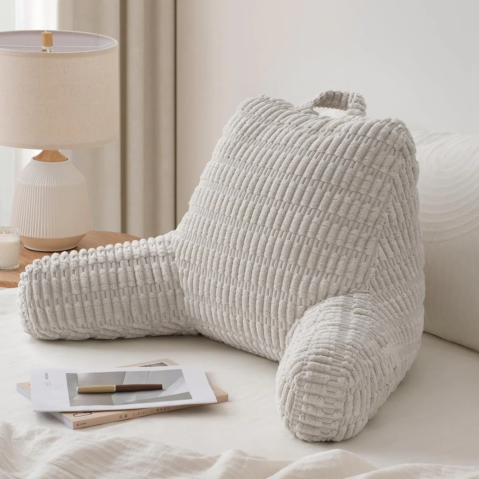 Fabibe - Reading Pillow Backrest With Shredded Memory Foam For Adult & Designed Bed And Couch Sitting Up Includes Arms - Light Gray-Standard(18inch)