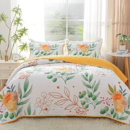 Earthley Blooms - Botanical Quilt Set Summer Lightweight Coverlet Colorful Floral Bedspread 3 Pieces Soft Microfiber Plants - Yellow-King