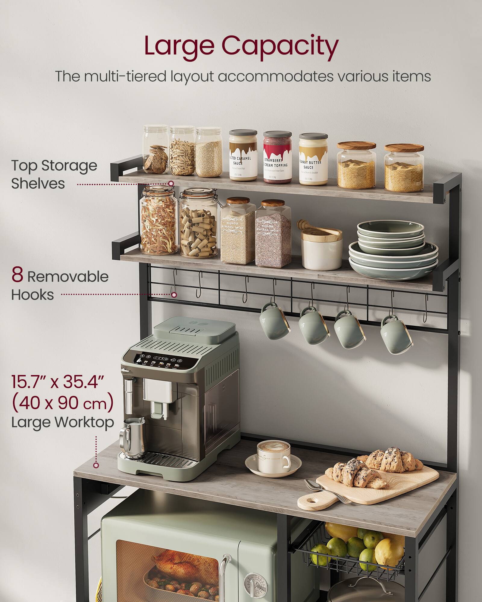 Large Capacity  
The multi-tiered layout accommodates various items  

Top Storage Shelves  

8 Removable Hooks  

15.7" x 35.4" (40 x 90 cm) Large Worktop