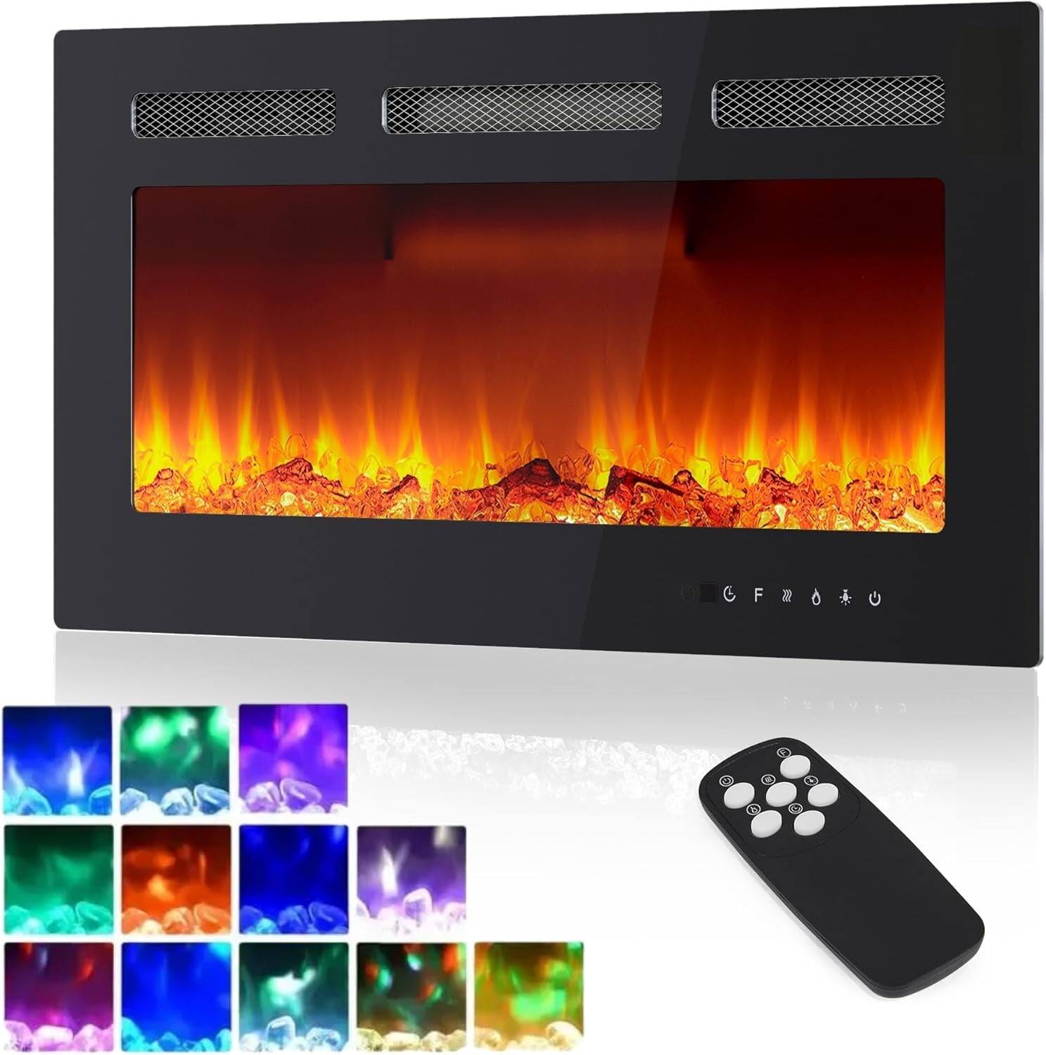 Qeetex - 30" Electric Fireplace Heater, Wall Mounted or Recessed, 12 Flame Colors, Remote & Timer Control - Black