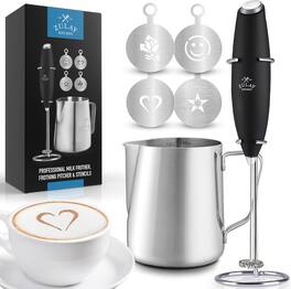 Zulay Kitchen - Premium Gift Milk Frother Complete Set - Handheld Foam Maker, Stencils & Frothing Pitcher Set - Black