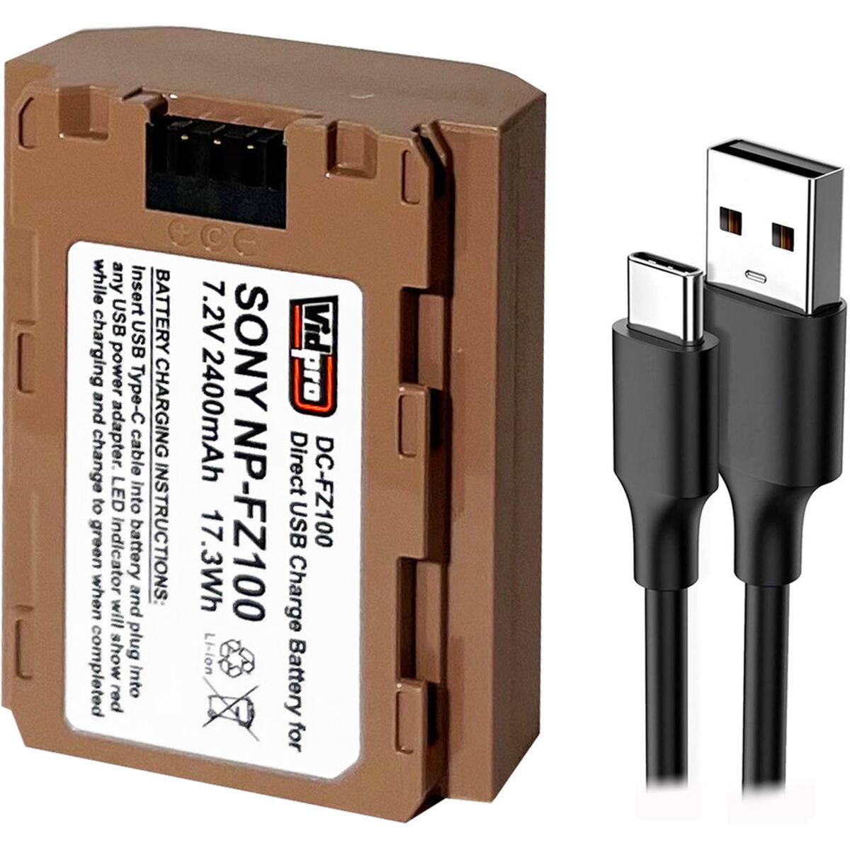 7.2V 2400mAh 17.3Wh SONY NP-FZ100 DC-FZ100 Direct USB Charge Battery for

Insert USB Type-C and adapter. Cable into battery and plug into any USB power source. While charging, the LED indicator will change to green when completed.