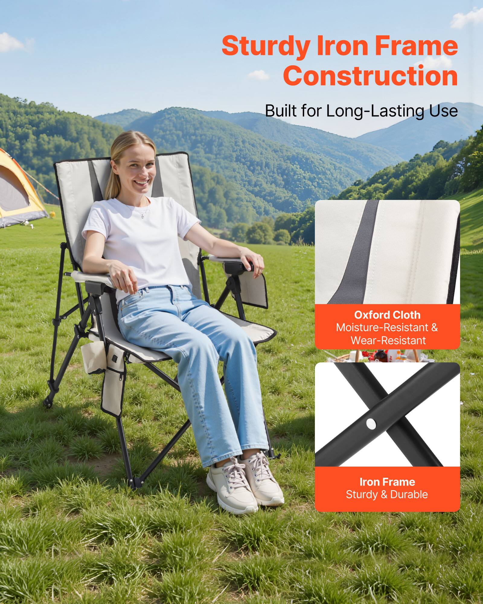 Sturdy Iron Frame Construction  
Built for Long-Lasting Use  

Oxford Cloth  
Moisture-Resistant & Wear-Resistant  

Iron Frame  
Sturdy & Durable