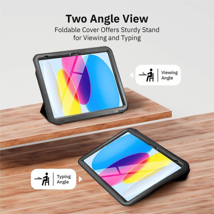 Two Angle View  
Foldable Cover Offers Sturdy Stand for Viewing and Typing  

Viewing Angle  
Typing Angle