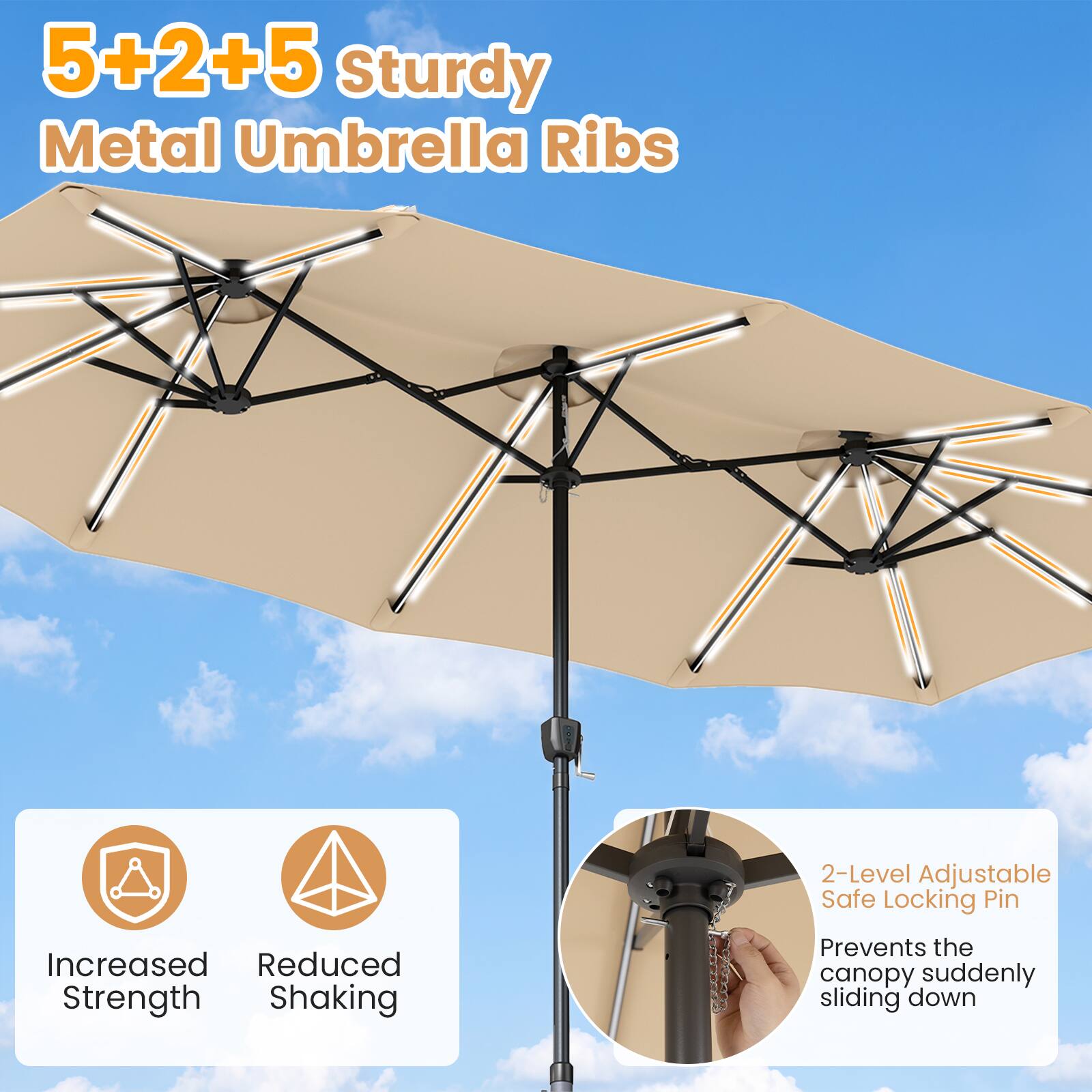 5+2+5 Sturdy Metal Umbrella Ribs

2-Level Adjustable Safe Locking Pin

Increased Strength
Reduced Shaking

Prevents the canopy suddenly sliding down