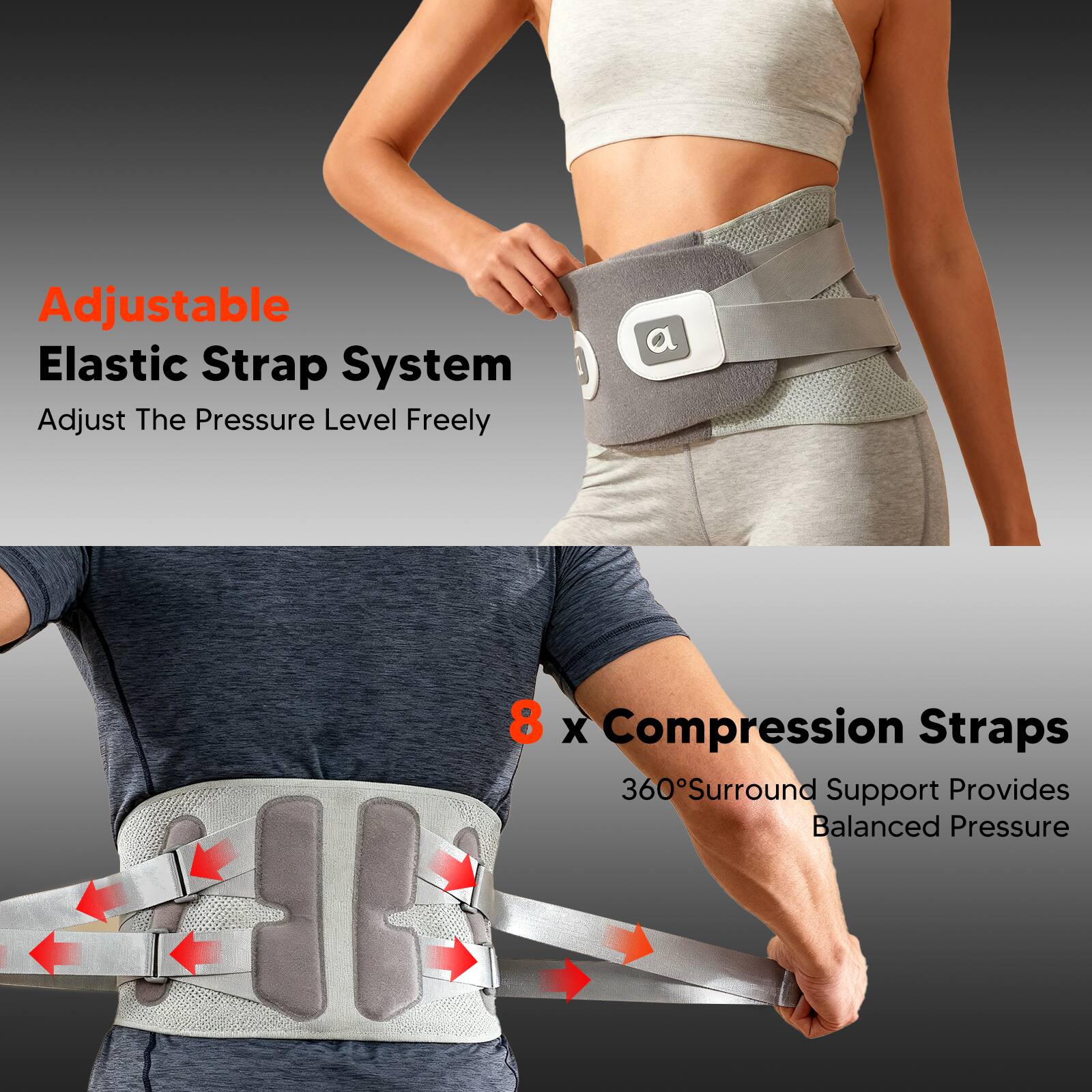 Adjustable Elastic Strap System  
Adjust The Pressure Level Freely  

8 x Compression Straps  
360° Surround Support Provides Balanced Pressure