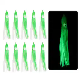 Unique Bargains - Fishing Squid Skirts Glow Soft Plastic Trolling Lures Luminous 5.9 x 0.6 Inch 10pcs for Bass/Trout/Salmon - Clear/Green