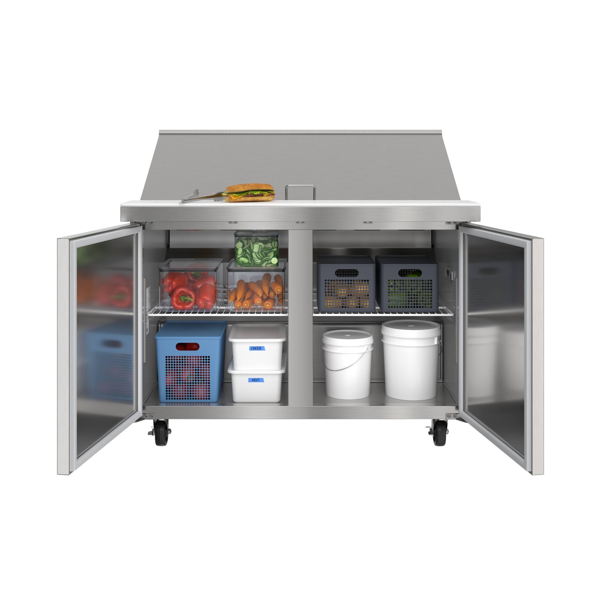 Angle. Koolmore - 46 in. Commercial 2-Door Refrigerated Mega Salad and Sandwich Prep Table, 18 Pan Capacity and 14 Cu. Ft. of Storage - Stainless steel.