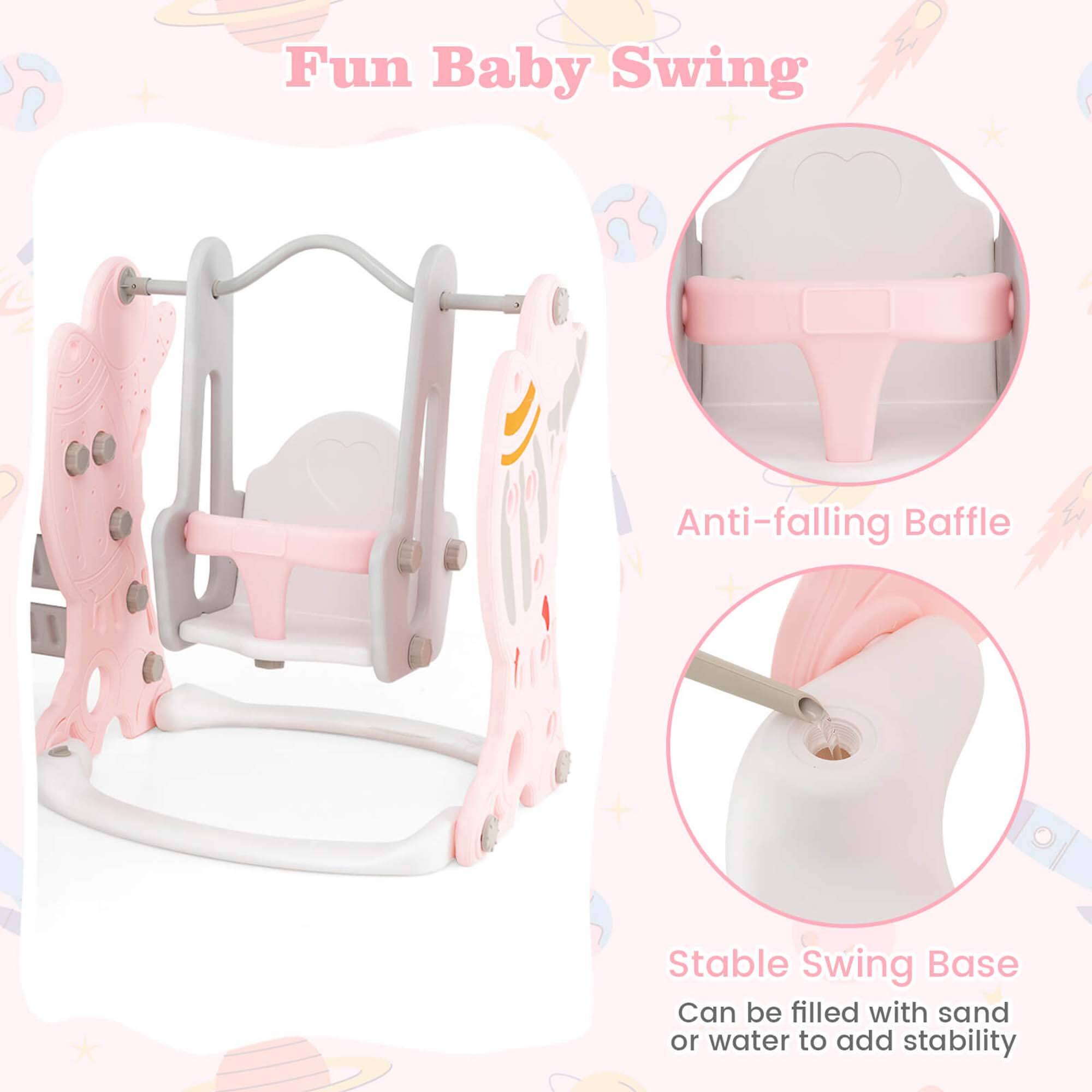 Fun Baby Swing

Anti-falling Baffle

Stable Swing Base
Can be filled with sand or water to add stability