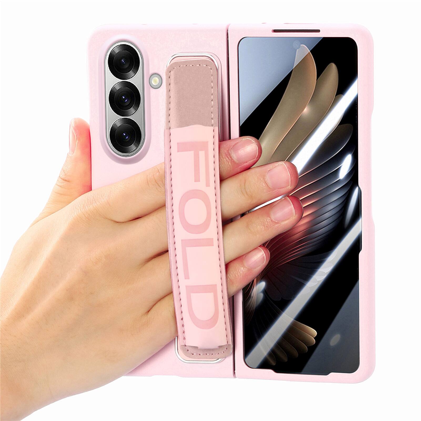 Alt View 3. Dteck - Shockproof Wristband Phone Case for Samsung Galaxy Z Fold7 with Screen Protector, Slim Hard PC TPU Full Protective Cover - Pink.