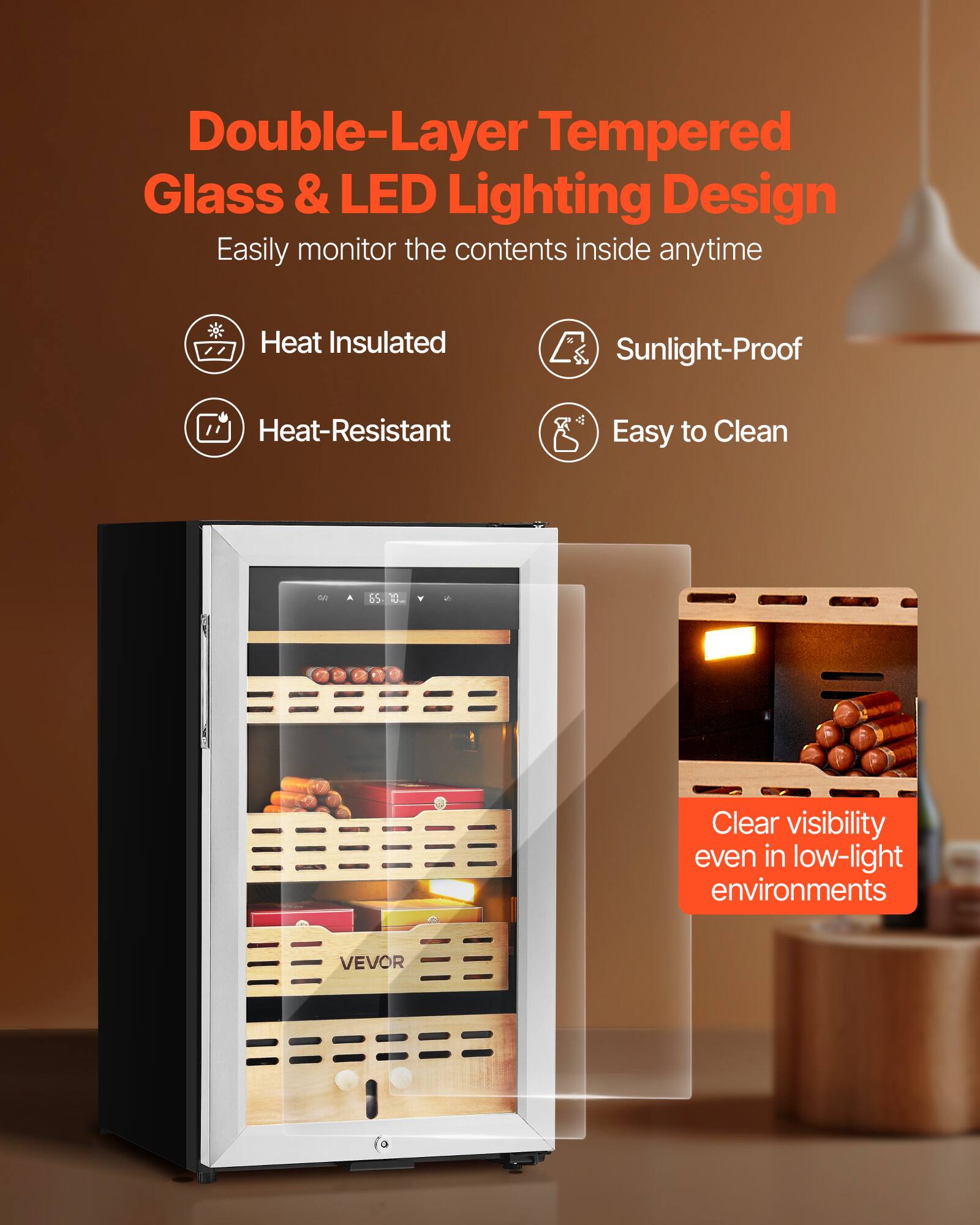 Double-Layer Tempered Glass & LED Lighting Design  
Easily monitor the contents inside anytime  

- Heat Insulated  
- Sunlight-Proof  
- Heat-Resistant  
- Easy to Clean  

Clear visibility even in low-light environments  

VEVOR