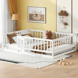 GOODSILO - Full Size Montessori Floor Bed with Fence & Door - Low Profile Wood Bed Frame for Kids, Toddlers, Boys & Girls - White