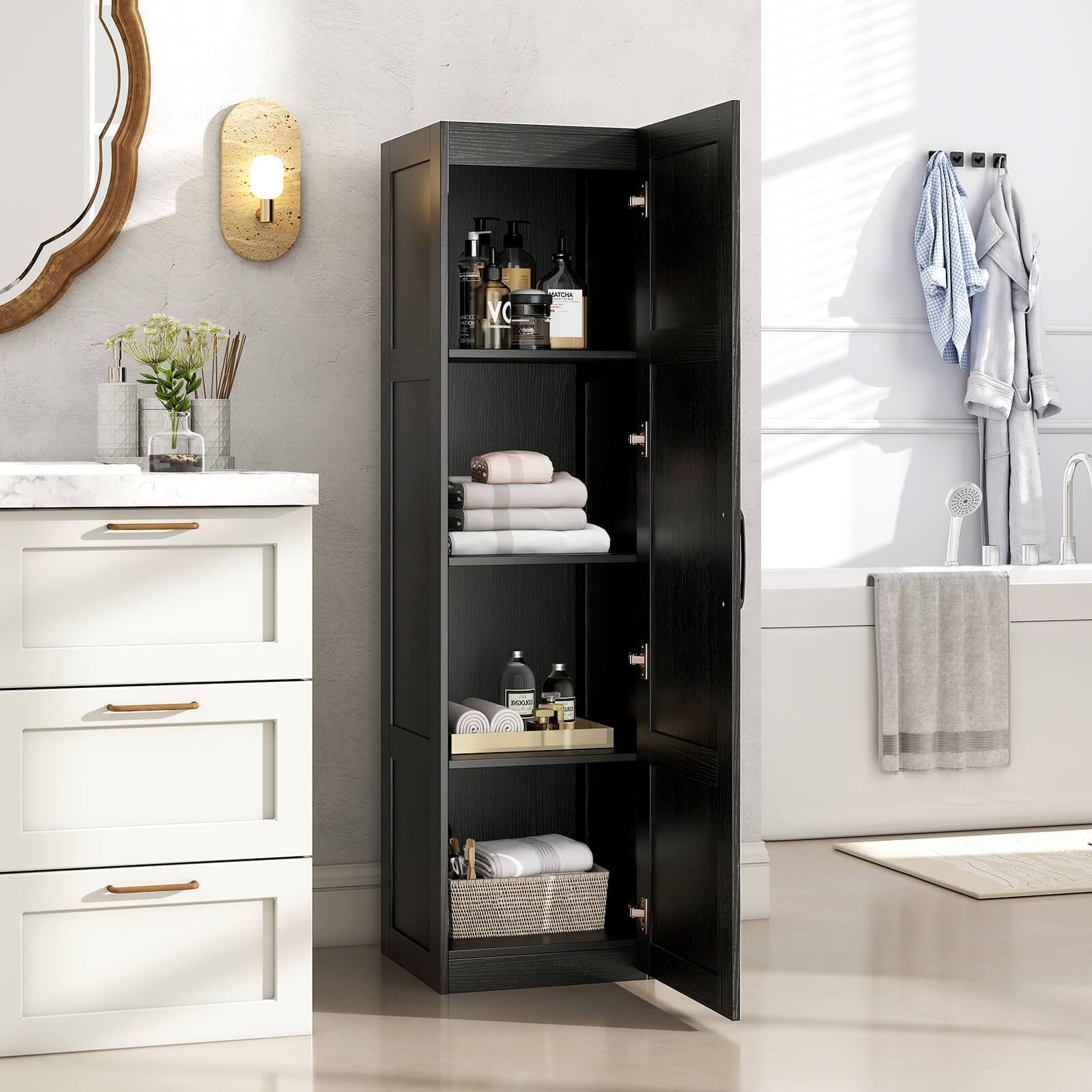 Alt View 4. Costway - Costway 4-Tier Storage Cabinet with Door Freestanding Bathroom Cabinet for Small Space - Black.