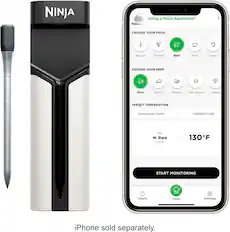 NINJA "Using a Ninja Appliance? CHOOSE YOUR FOOD Manual Chicken Beef Pork Turkey CHOOSE YOUR BEEF Strip Sirloin Ribeye Filet Mignon T-Bone TARGET TEMPERATURE DONENESS POINT TEMPERATURE Sare M. Rare Medium M Well ee 130F F START MONITORING Charts Cook Settings iPhone sold separately."