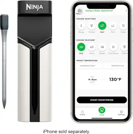 NINJA "Using a Ninja Appliance? CHOOSE YOUR FOOD Manual Chicken Beef Pork Turkey CHOOSE YOUR BEEF Strip Sirloin Ribeye Filet Mignon T-Bone TARGET TEMPERATURE DONENESS POINT TEMPERATURE Sare M. Rare Medium M Well ee 130F F START MONITORING Charts Cook Settings iPhone sold separately."
