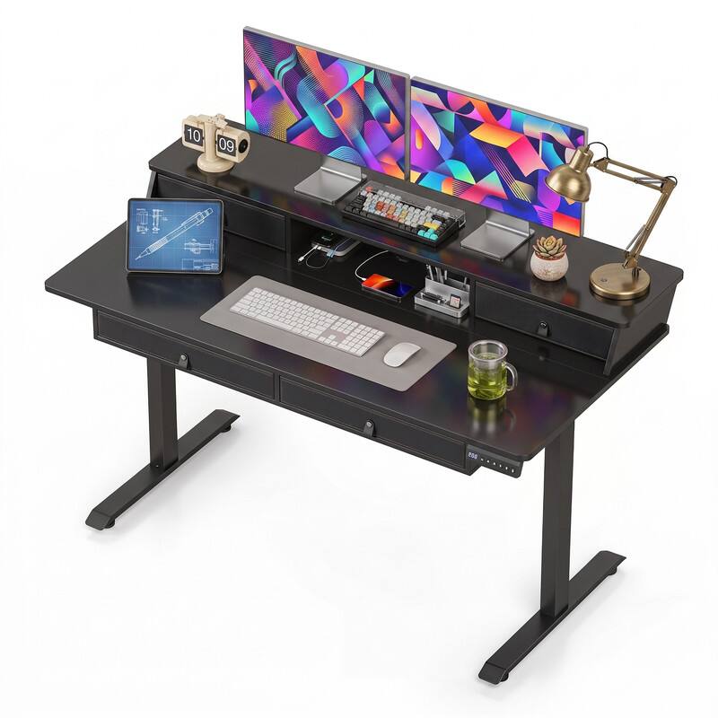 Angle. WELLFOR - 55" Electric Standing Desk with Drawers & Monitor Shelf,  Height Adjustable Ergonomic Stand Up Desk with Hanging Hooks - Black.