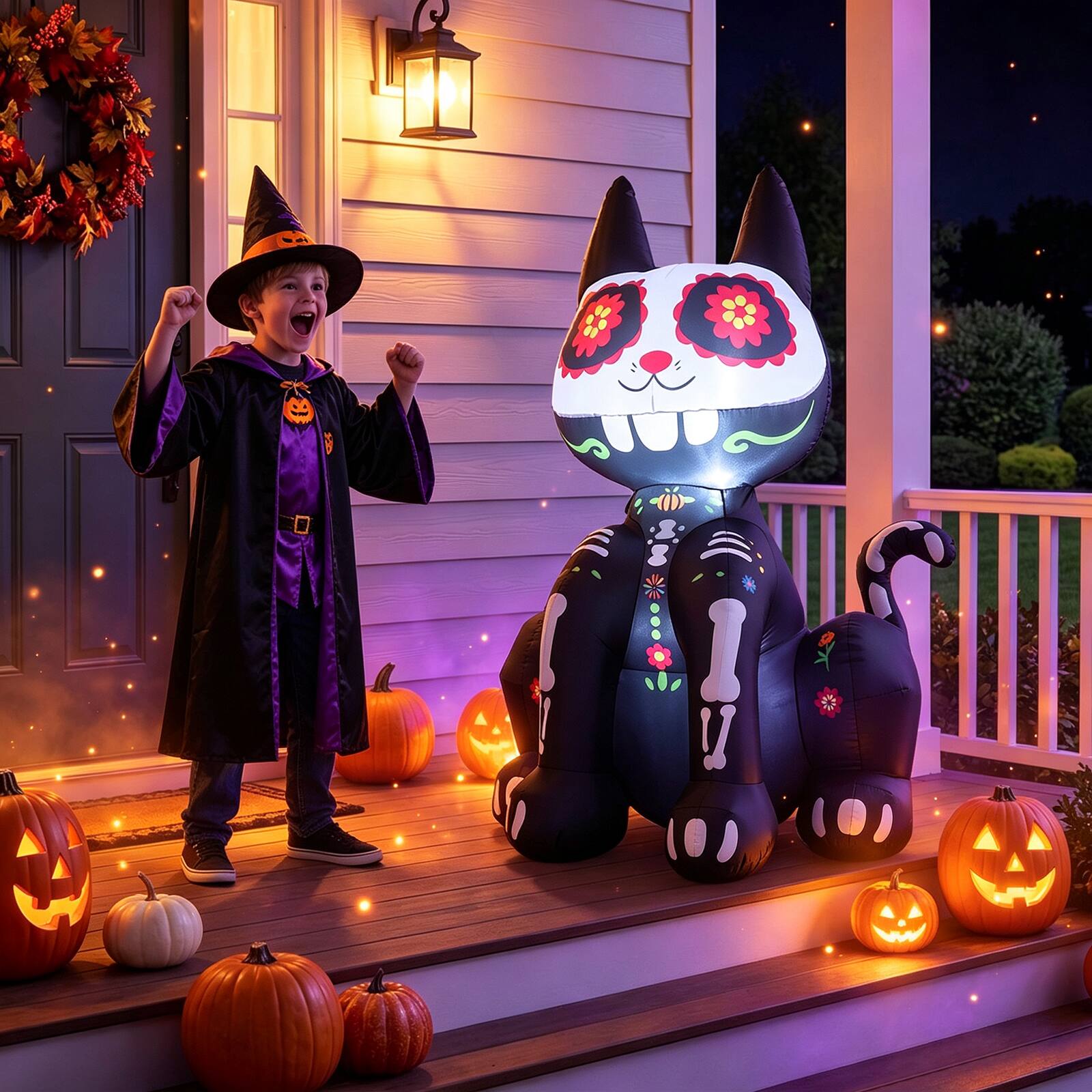 Alt View 3. Costway - Costway 4 FT Day of the Dead Inflatable Skull Cat with LED Light, 2 Water Filled Bags - Black + White.