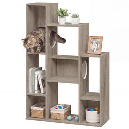 Gymax - Modern Cat Bookshelf w/ 2 Round Holes Anti-Tipping Device for Living Room Oka - Gray