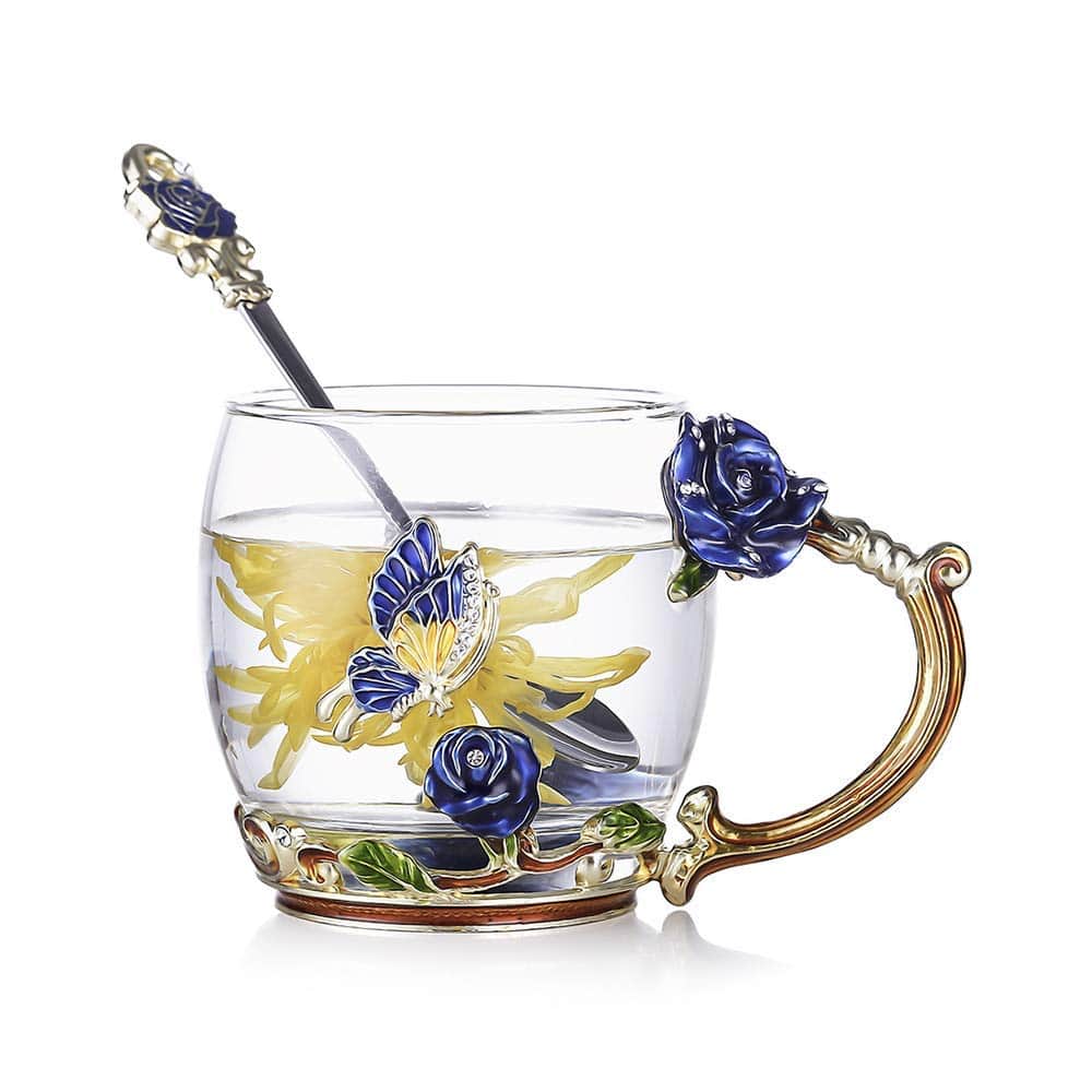 PARKER SLATER - 35oz Enamel Glass Flower Teapot With Removable Loose Tea Leaf Infuser Maker Gifts For Women Mom Mothers Day Christmas - Blue