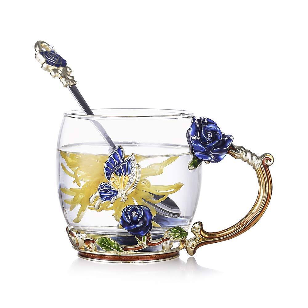 Front. PARKER SLATER - 35oz Enamel Glass Flower Teapot With Removable Loose Tea Leaf Infuser Maker Gifts For Women Mom Mothers Day Christmas... - Blue.