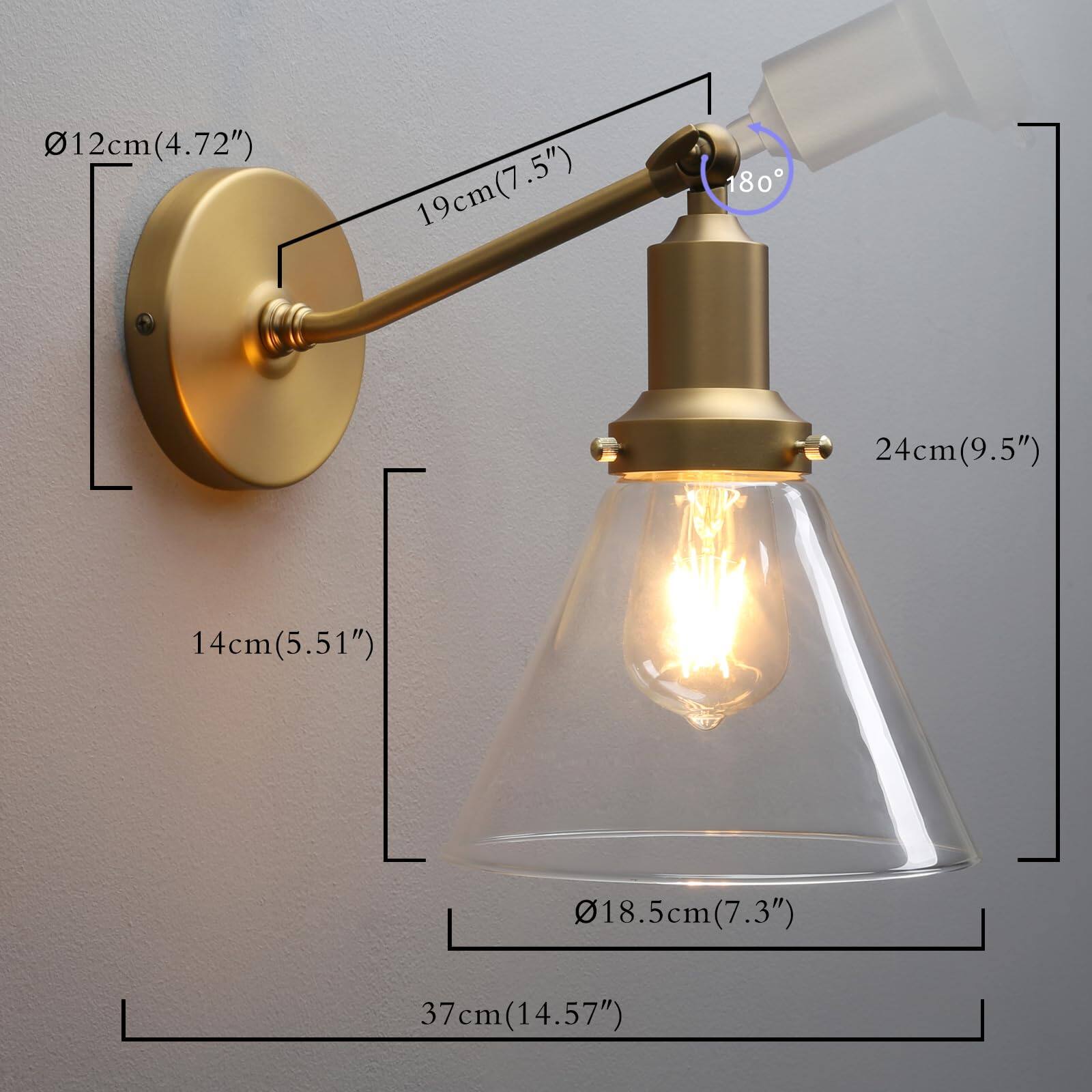 - Ø12cm (4.72")
- 19cm (7.5")
- 24cm (9.5")
- 14cm (5.51")
- Ø18.5cm (7.3")
- 37cm (14.57")
- 180°