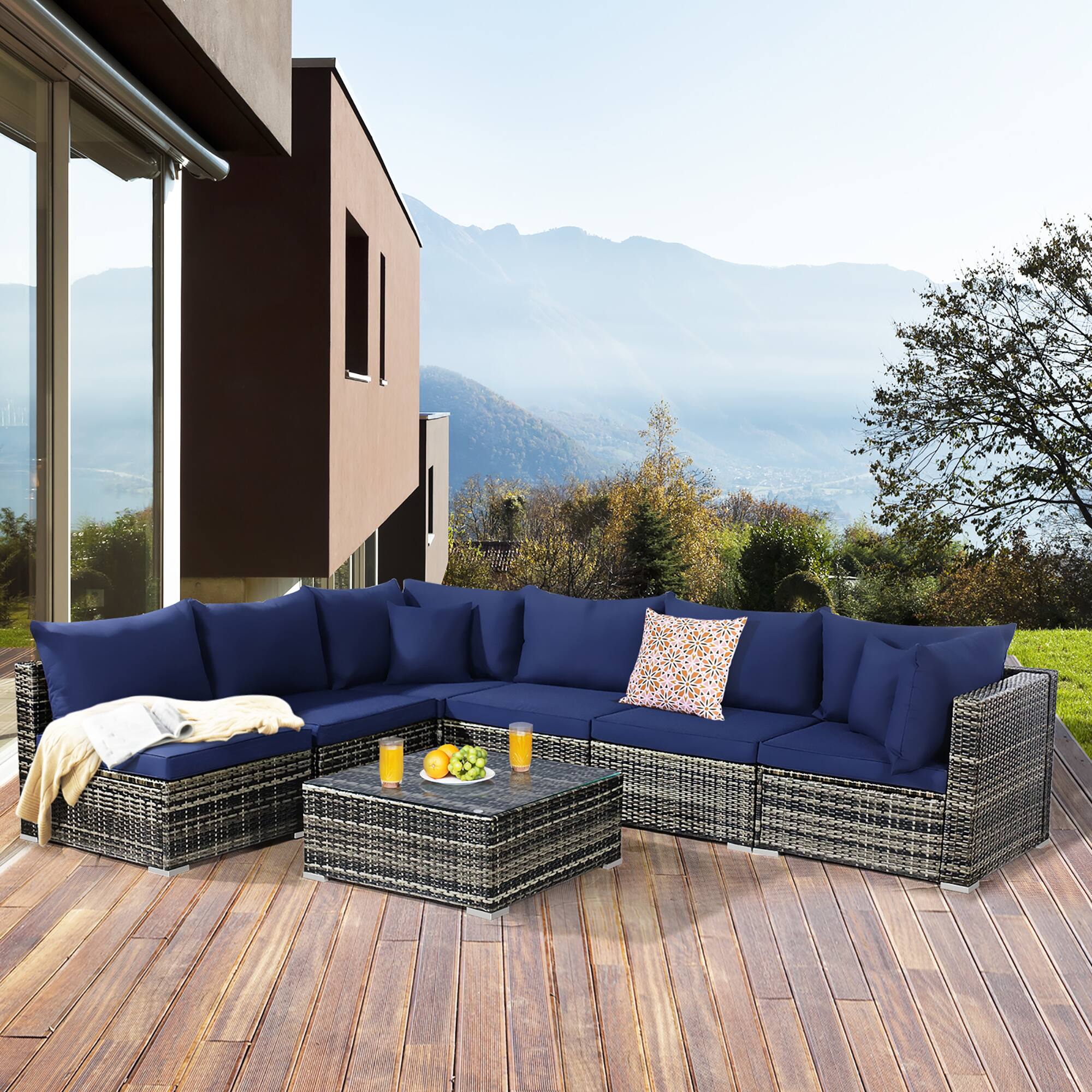 Alt View 1. Costway - 7PCS Patio Rattan Furniture Set Sectional Sofa Garden Cushion - Navy.