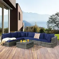 Costway 7PCS Patio Rattan Furniture Set Sectional Sofa Garden Cushion - Navy - Front_Zoom