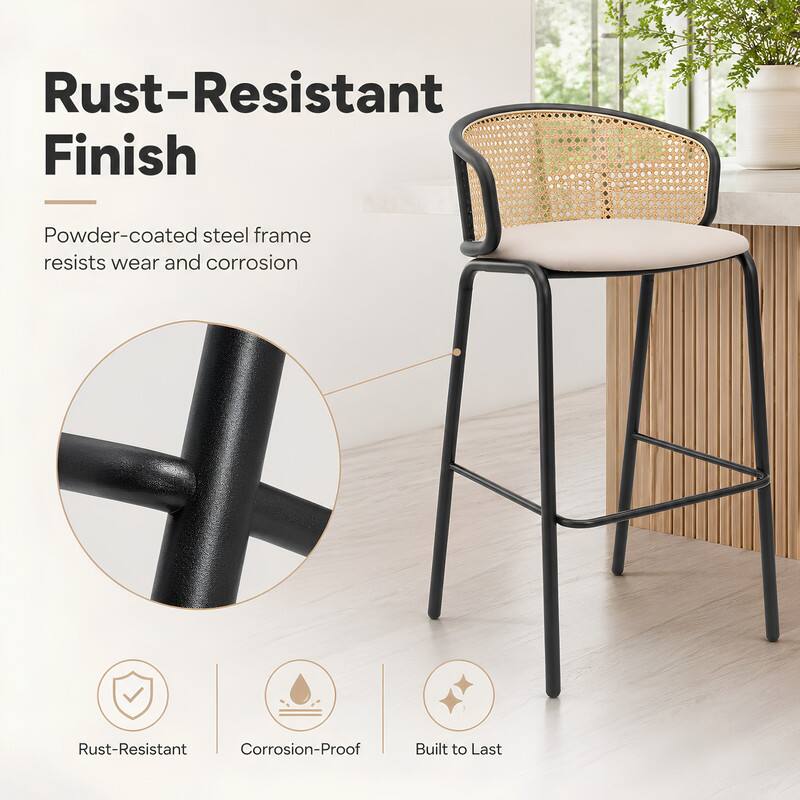 LeisureMod Ervilla Mid Century Modern Wicker Bar Stool, Fabric Seat ...