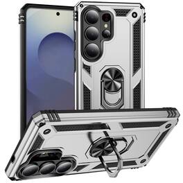 Dteck - Heavy Duty Magnetic Ring Stand Cover for Samsung Galaxy S26 Ultra, Shockproof Armor Dual Layer PC TPU Phone Case - Silver