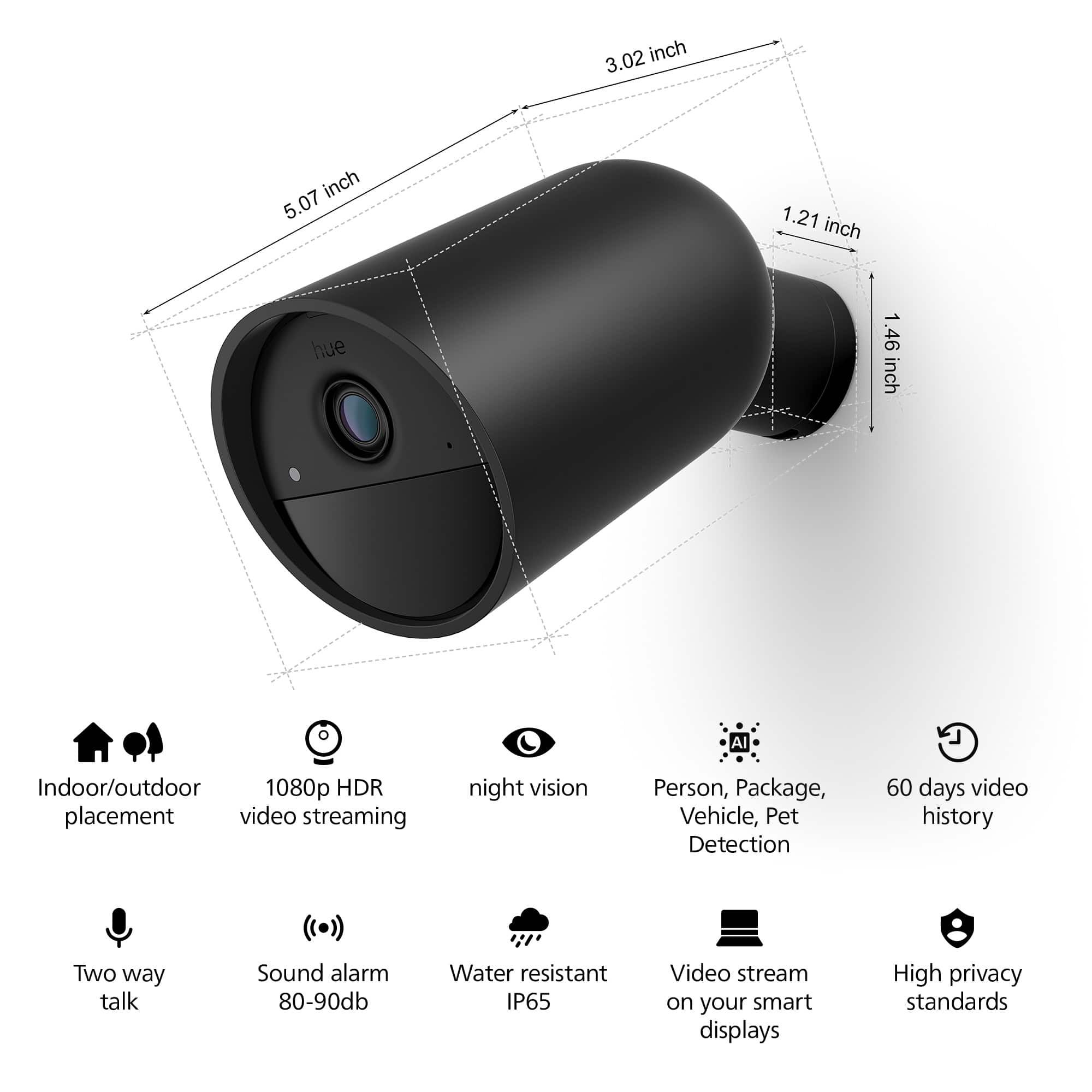 The image shows a camera with various features and specifications. It has a 3.02 inch lens, a 5.07 inch body, and a 1.46 inch AI. The camera is designed for indoor and outdoor use, with 1080p HDR capabilities. It also offers night vision, allowing for clear visibility in low light conditions. The camera can detect people, packages, vehicles, and pets, and it has a 60-day video history. Additionally, it features two-way talk, a sound alarm with a range of 80-90db, and is water resistant with an IP65 rating. The camera can be used with smart displays for video streaming and has high privacy standards.