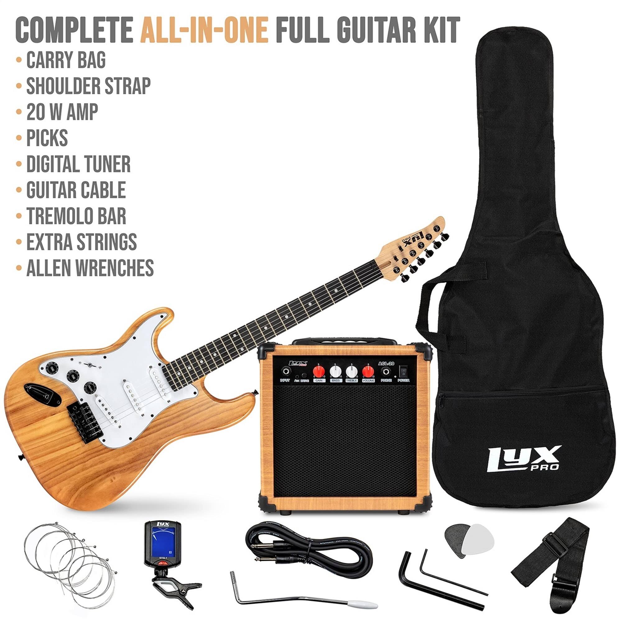 COMPLETE ALL-IN-ONE FULL GUITAR KIT
CARRY BAG
SHOULDER STRAP
20 W AMP
PICKS
DIGITAL TUNER
GUITAR CABLE
TREMOLO BAR
EXTRA STRINGS
ALLEN WRENCHES