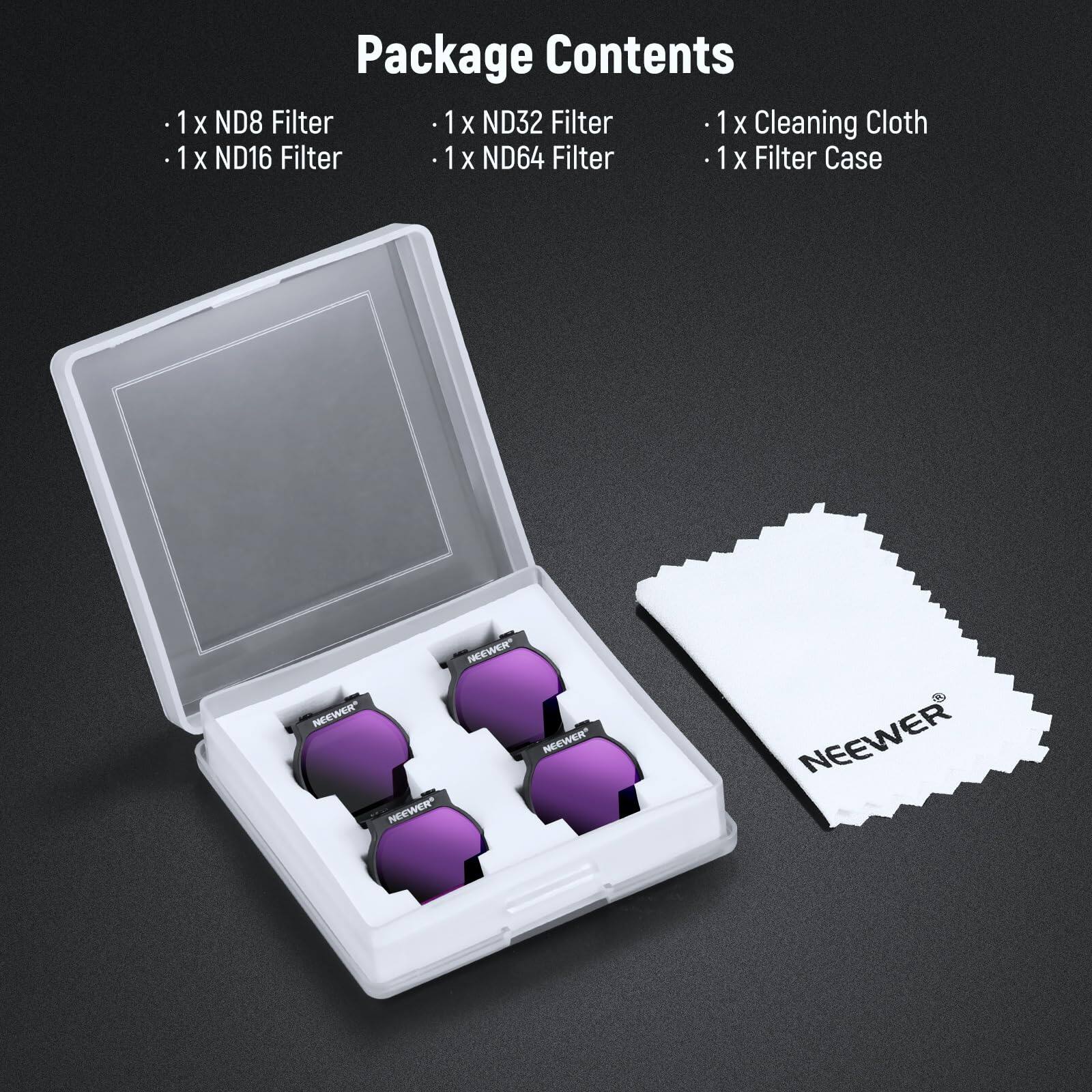 Package Contents

- 1 x ND8 Filter
- 1 x ND16 Filter
- 1 x ND32 Filter
- 1 x ND64 Filter
- 1 x Cleaning Cloth
- 1 x Filter Case
