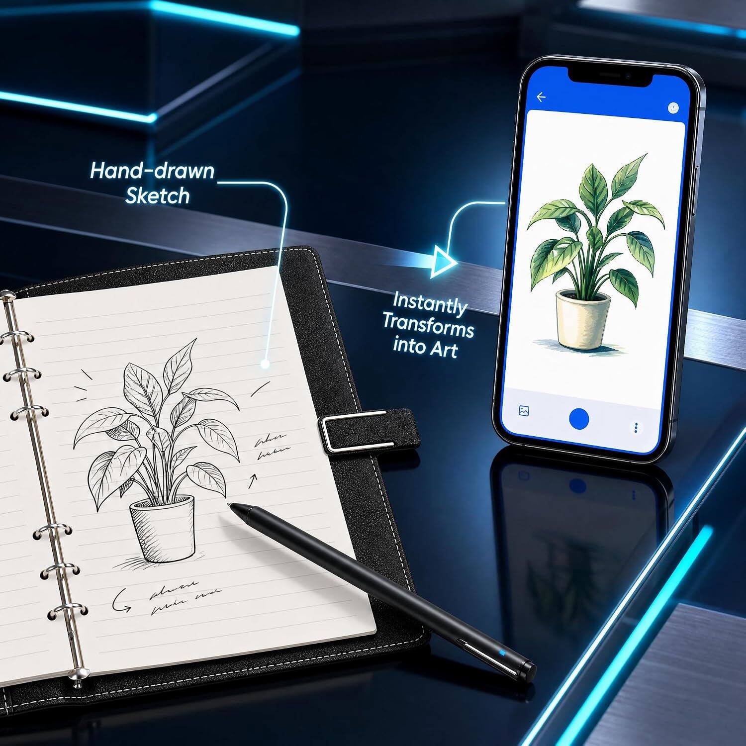 Hand-drawn Sketch  
Instantly Transforms into Art