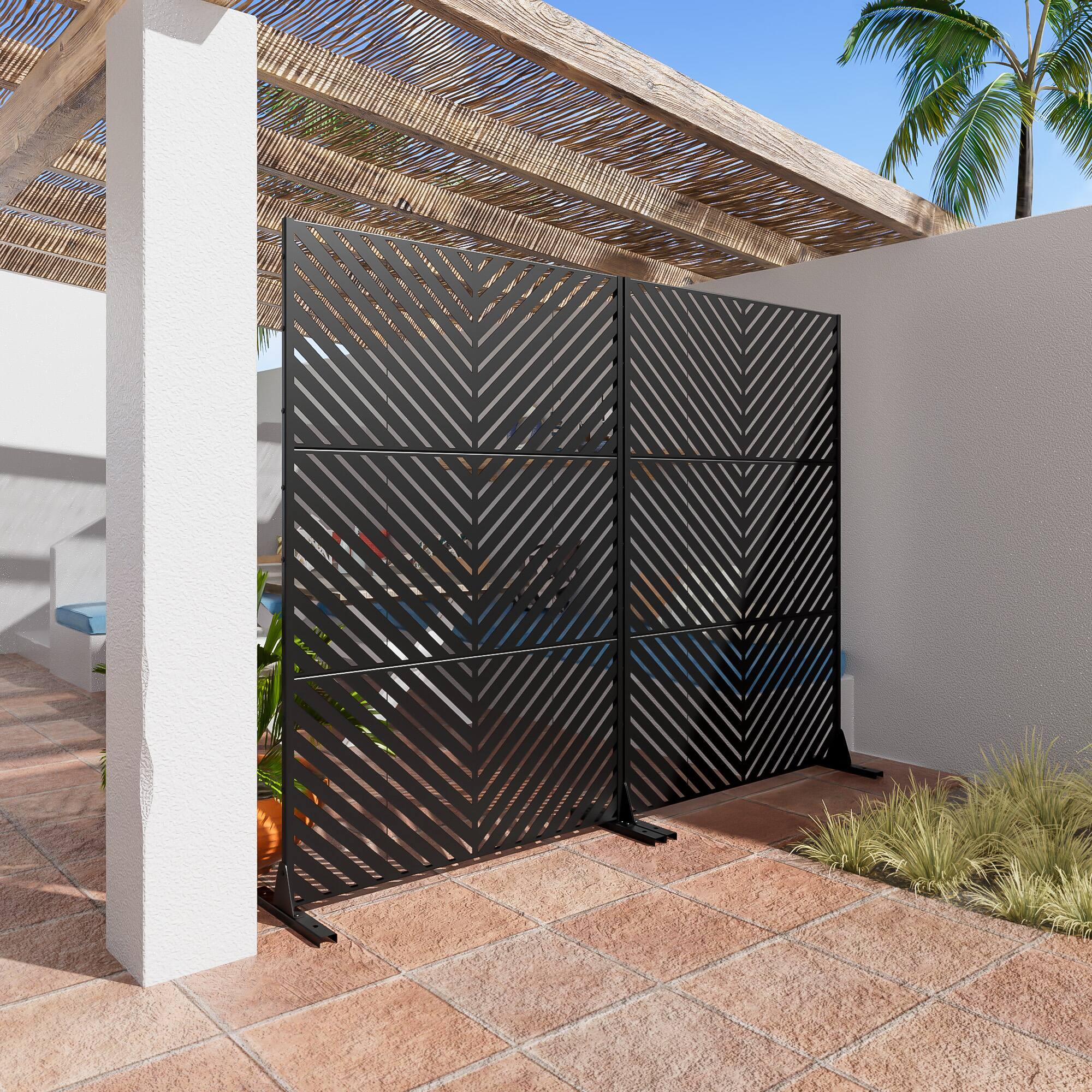 Alt View 4. PexFix - 72 in. x 47 in. Parallel Pattern Metal Outdoor Privacy Screen & Panels, Freestanding Garden Divider Fence - Black.