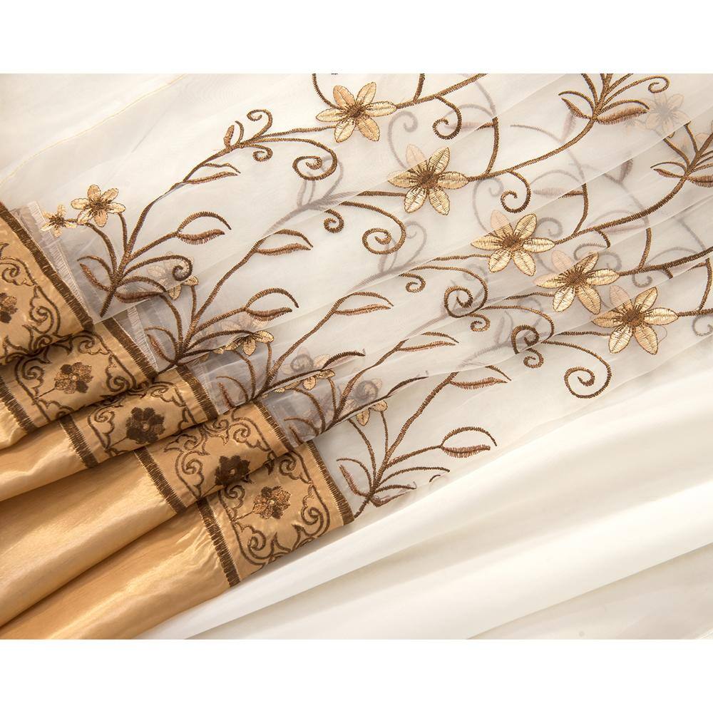 Back. RT Designers Collection - Priscilla Floral Embroidered Curtain Panel with Double Elegant Window Treatment - Gold.