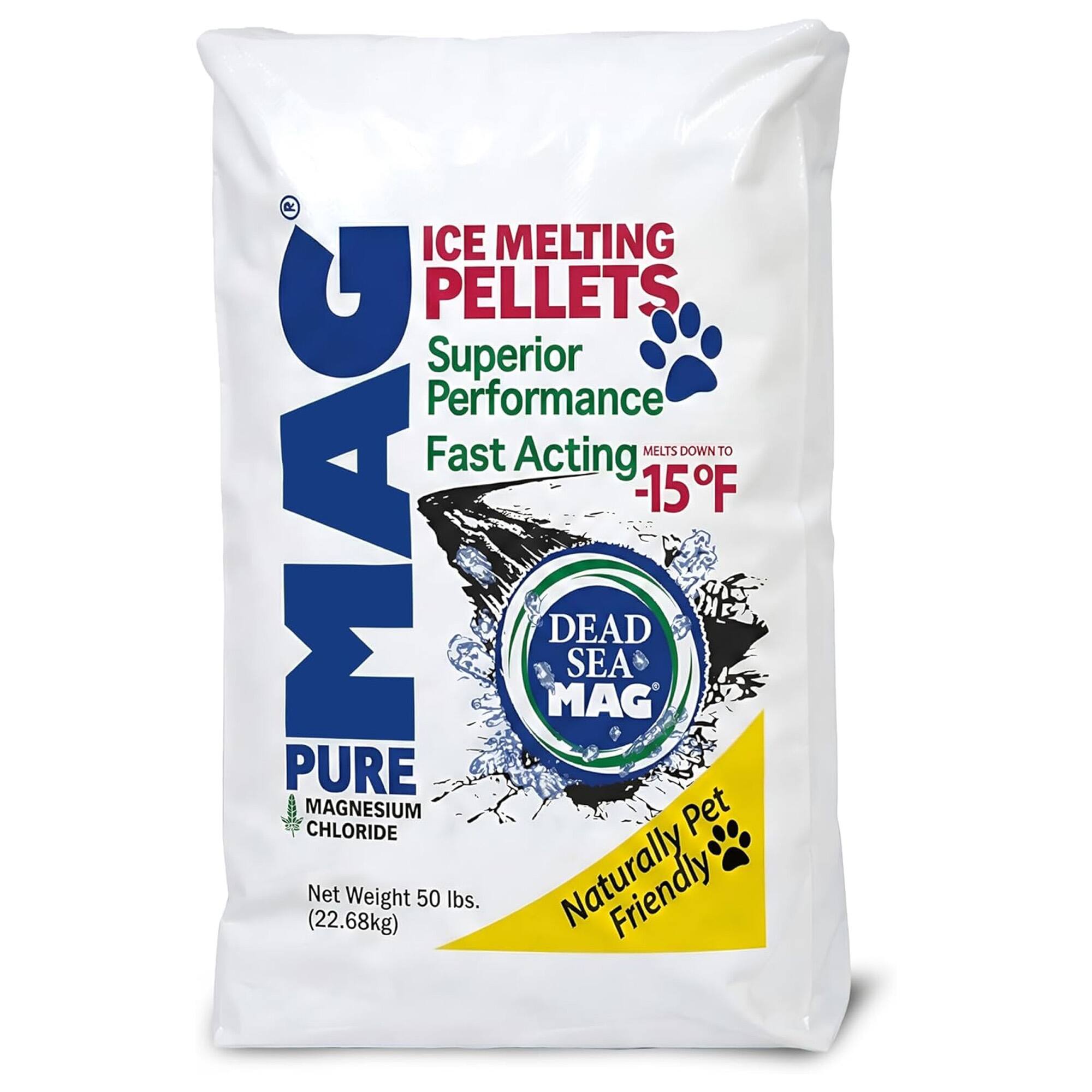 ICE MELTING PELLETS  
Superior Performance  
Fast Acting  
MELTS DOWN TO -15°F  

DEAD SEA MAG  
PURE MAGNESIUM CHLORIDE (22.68kg)  
Net Weight 50 lbs.  

Naturally Pet Friendly