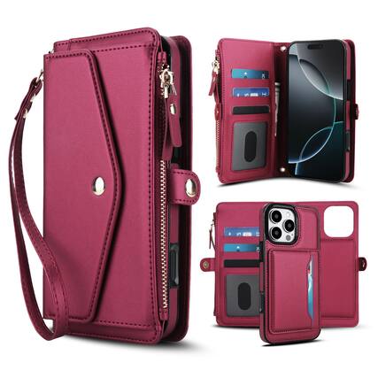 Front. Dteck - Crossbody RFID Blocking Zipper Wallet Card For iPhone 16 Pro Handbag Magnetic Kickstand Wrist Strap Case - Red.